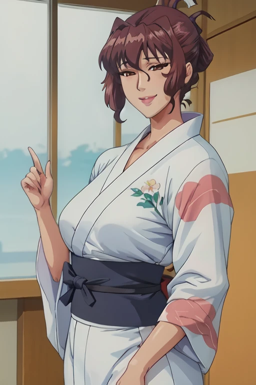 1 girl, japanese clothes, Yukata,  Upper part of the body, (mature woman:1.5),seductive smile, masterpiece ara ara, Best Quality, intricate details,  anime screencap, flat color,