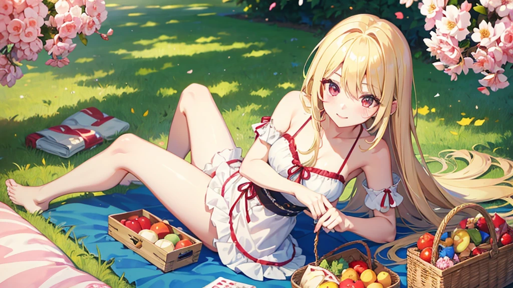 pretty girl, cute, happy, blonde hair, long hair, red eyes, gentle looking eyes, summer, picnic, park