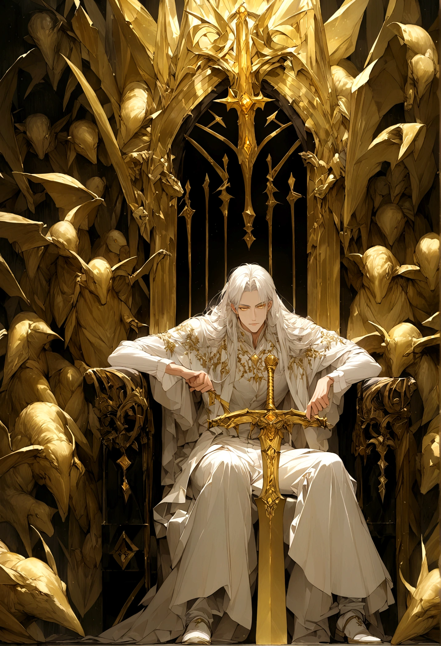 A handsome man with white long hair and golden cold eyes wearing a white long blouse, white shirt and white long pant sitting on a giant crystal throne, his two arms putting on a golden cross sword hilt of a broadsword in ftont of him, got a lot of creatures like angels flying around his throne.