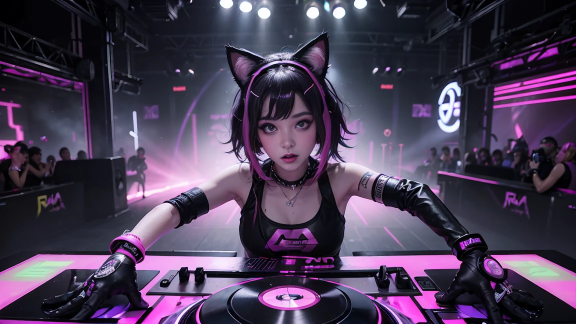 arafed woman in a black top and pink shorts playing a game of dj, cyber punk setting, raver girl, rave girl, girl with cat ears at a rave, dj rave party, dj at a , nightclub dancing inspired, playing techno house music, turntablism dj scratching, cyberpunk 2 0 y. o model girl, rave outfit, fanart