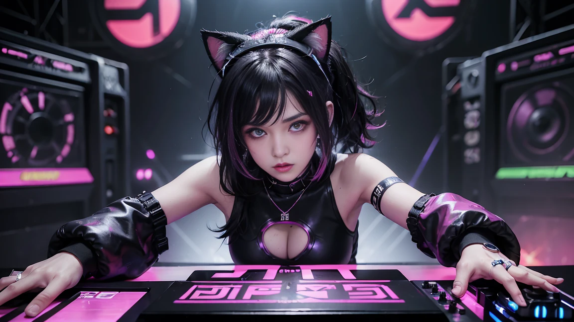 arafed woman in a black top and pink shorts playing a game of dj, cyber punk setting, raver girl, rave girl, girl with cat ears at a rave, dj rave party, dj at a , nightclub dancing inspired, playing techno house music, turntablism dj scratching, cyberpunk 2 0 y. o model girl, rave outfit, fanart