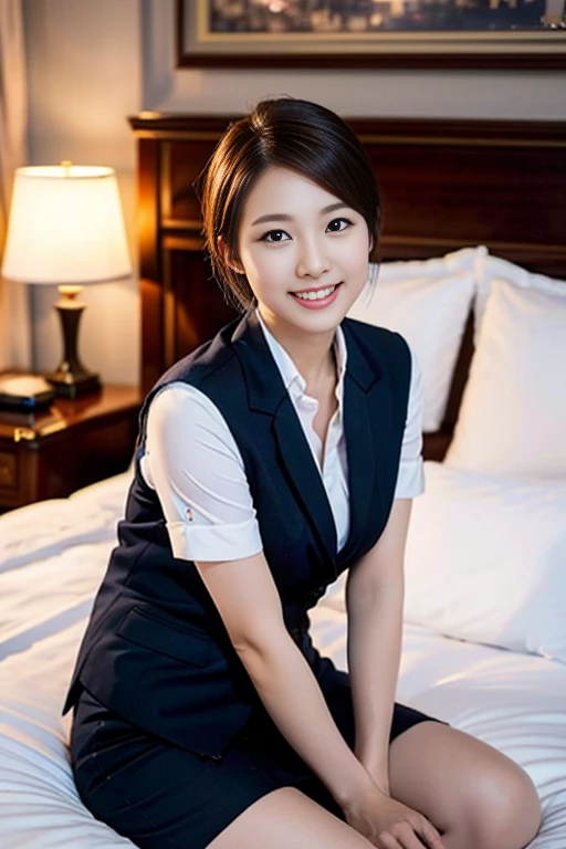 a gorgeous lady, 21, Flight Attendant uniform, Shenzhen Airlines Stewardess, natural sleep pose, sleeping in hotel room, dimpled smile, short ponytail hair, short bob hair, cute snaggleteeth, well-endowed round bosom, thick thighs, photorealistic, beautiful detailed eyes, beautiful detailed face, hyper-realism, high contrast, ultra HD, realistic skin textures, top image quality, top-quality, super high resolution, fine details, very meticulously, head to knees, dark bokeh night background