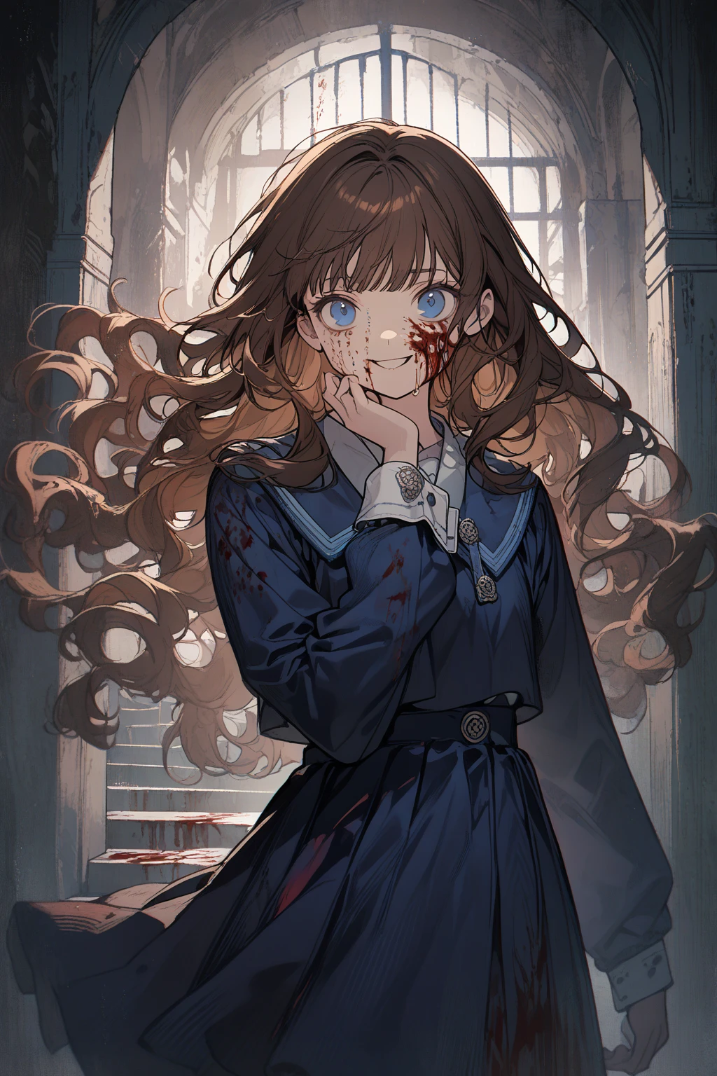 1 girl, CuteStyle, upper body, blue eyes, brown hair, long hair with bangs, flowing hair, standing in the stairwell in the entrance, white walls, iron railings, dressed in a dark blue school dress, long sleeves, white cuffs, face in blood, sweat on the face, hands in blood, walls in blood, looks at the viewer, scared look, scared smile, detailed, beautiful, atmospheric, gentle tones