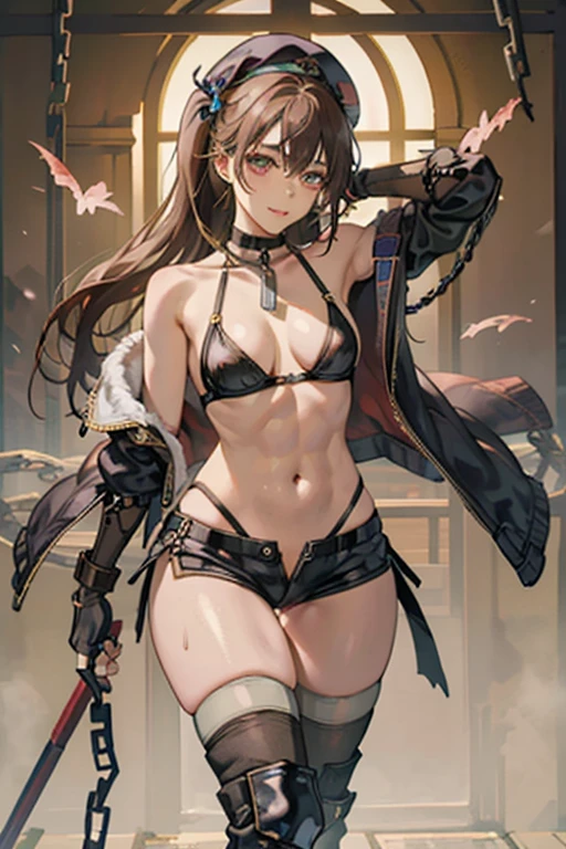 (small breasts:1.2), (perky chest:1.2), (pointed chest:1.2), dark bronde hair,long hair,side ponytail,hair between eyes,bangs, BREAK (beret, black jacket, open clothes, cleavage, midriff, black shorts, black thighhighs, thigh strap, fingerless gloves, single glove:1.2), Photo,sharpness,hyper-realistic textures,spectacular light textures,(((Beautiful woman with left leg restrained and hung by chains))),Appearance,Beautiful girl with accentuated slender abs: 1.1,six-pack abs: 1.1, Bust Botox,Standing on tiptoe, long legs,Long brown hair fluttering in the wind,Brown hair, Long hair, Female Warrior Costume,(No panties,No bra),(tacticul battle fashion,elbow and knee tacticul battle fashion, battle glove: 1.1),((cute batre costume)),The belly comes out and the navel is visible,Thin sheer costume, combat gloves,shredded costumes,cyber long combat boots with golden knee pads,Anatomical,(futuristic sci-fi battle fashion, long boots, gloves: 1.1),(tied perfectly by iron chain), Restraint, Slave, collars, contempt, (Chained), 4 chains hung from heaven, Metallic shackles and fetters, wet crotch clearly visible,((Hands are restrained above the head)), the neck is chained,Chain from left knee to heaven,Chained by silver chains,((the tip is protruding, areolas protruding,The shape of the pubic area is clearly visible:1.2)),Sweating,Wet,Wet crotch,Wet thighs,Junkyard, Realistic, (cute, perfect clothes, skimpy clothes, cute: 1.3) ((wide mirtary hospital with summer sunlight)), peeling ceilings, Rebar between, Realistic material details, Extreme details, Ultra-realistic materials,narrow waist,(with sparkling eyes and a contagious smile:0.9), detailed clothes features, (perky chest:1.1), (pointed chest:1.3),looking at viewer,
