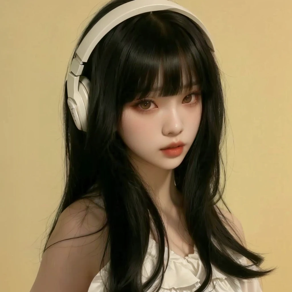 Black hair ulzzang with bangs, pale round and smooth face, gothic style ulzzang girl with headphones, ulzzang girl with white blouse and long black hair with bangs, inspirado en Jennie Black Pink. 