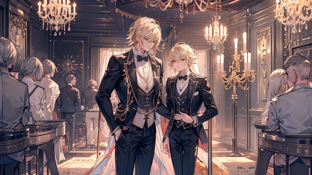 1人のmens子,11 only、(mens :2),(Beaver:1.5)、Blonde、Naked tuxedo、In a luxurious Western-style mansion、Luxurious chandelier、Vivid lighting、high quality、Tabletop,8K,High resolution、