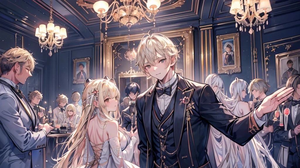 1人のmens子,11 only、(mens :2),(Beaver:1.5)、Blonde、Naked tuxedo、In a luxurious Western-style mansion、Luxurious chandelier、Vivid lighting、high quality、Tabletop,8K,High resolution、