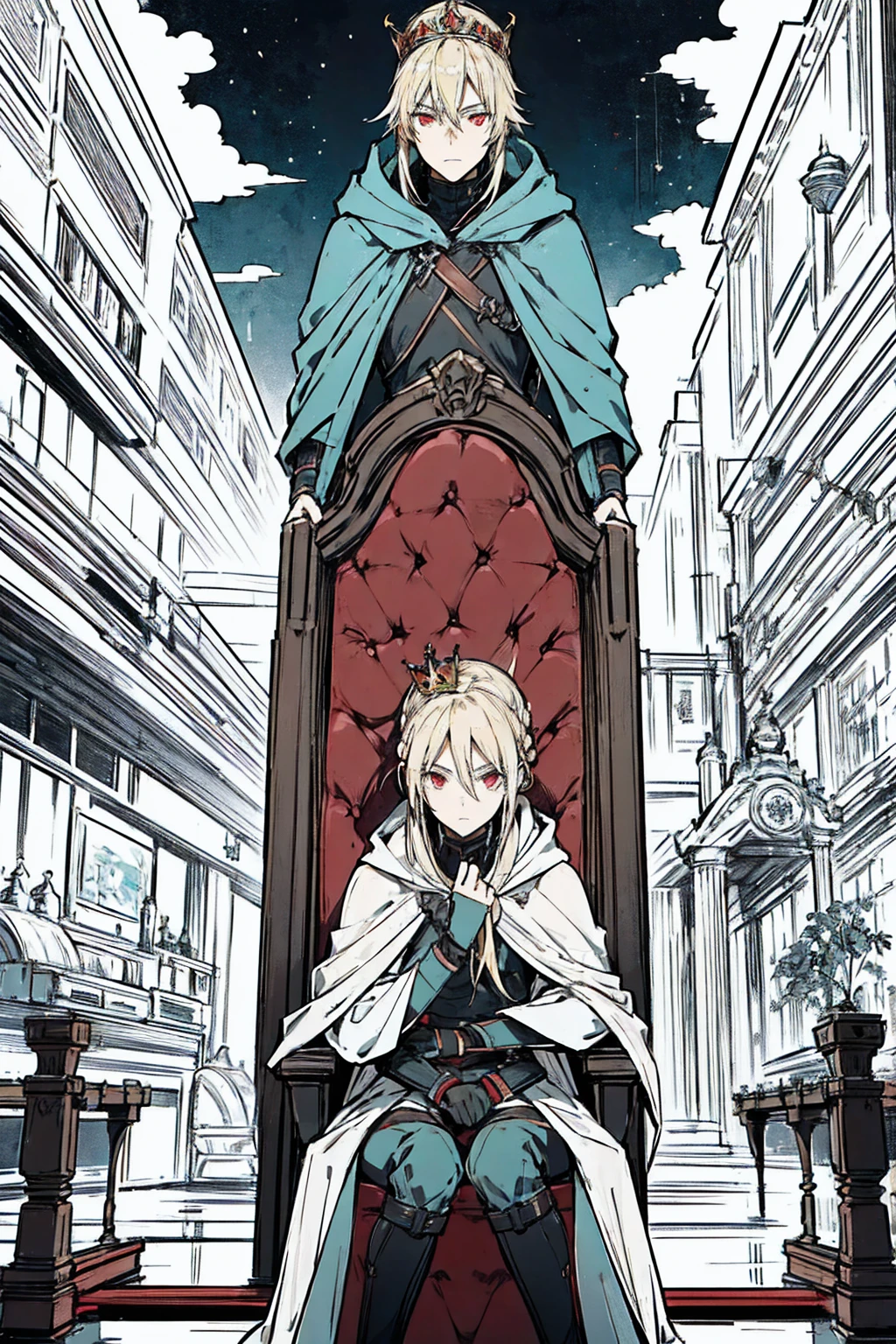 Tall, tannish, male, equipped with battle suit, covered by aqua cloak, blonde hair in manbun, red eyes, handsome, sitting down calmly in night, hood covering face, alone, sitting on throne, with a small crown on.