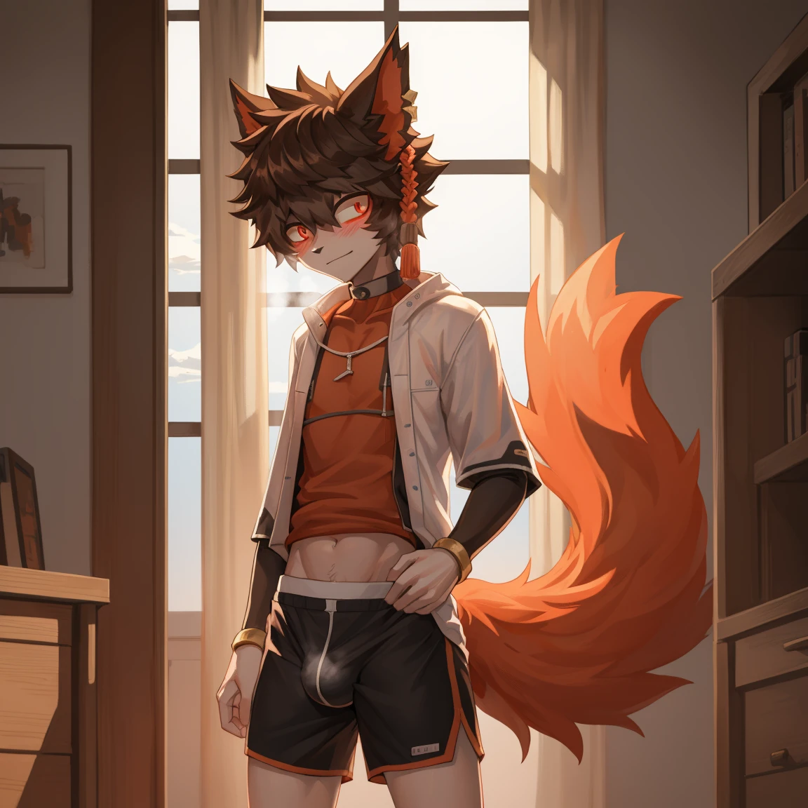 A high resolution, (((masterpiece))), 8 k, excellent lighting, detailed face and body,4K, A high resolution, Best quality, masterpiece, Perfect colors, perfect shadows, perfect lighting,.,, detailed, beautiful digital art, masterpiece, 4K, small parts, antro, What, male, ((male род)), good quality anatomy, ((Beautiful eyes)), ((beautiful hands, detailed hands)), (I look at the viewer), I look at the viewer, whole body,ideal male body,A high resolution, (((masterpiece))), 8 k, excellent lighting, detailed face and body., A high resolution, Best quality, masterpiece, Perfect colors, perfect shadows, perfect lighting,fluffy hair, , I look at the viewer,Red eyes, eye reflection, anime style, ,Sub, , Ideal Anatomy, high , The collar is worn around the neck. , member, big tail, blushing,slim, ,, soft shading, Ideal Anatomy, perfect lighting, perfect focus, bright, 1 boy, fluffy, fluffy кот, antroпоморфный, male, scales in tone, very big,Soft fur, detailed body, .очень high,slender, full length, there is fur,, pumped up, slim,, , muscular, in the room, , ,submission, , high, full length, Aak, very big рост, whore, очень embarrassed, blushes, red face,, очень pumped up, , очень pumped up,Kind,Good-natured,, wants to please the owner,(blushing:1.2), embarrassed, red face,reduce,curb, subdue, ,Cozy atmosphere,(musk), (musk clouds:1.4),,, ,Thin waist, очень slim, очень Thin waist,Cute,gay, a fag,послушная whore, bulge,, slim,get caught by an observer, ,slim, very slim, очень Thin waist,, pumped up, ,болишой member,очень pumped up,, shirt.((Realistic clothes:1.6).Long T-shirt, baggy sports shorts