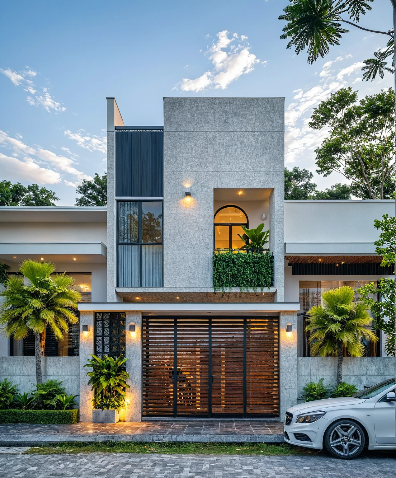 Masterpiece, high quality, best quality, authentic, super detailed, outdoor, aiaigroup, modern 2-storey townhouse style, stairs, white wall combined with wood, wind encaustic tiles, iron gate, ceiling conwood, flowers, path, summer evening, grass, trees, sky, clouds, (daylight: 1.1)