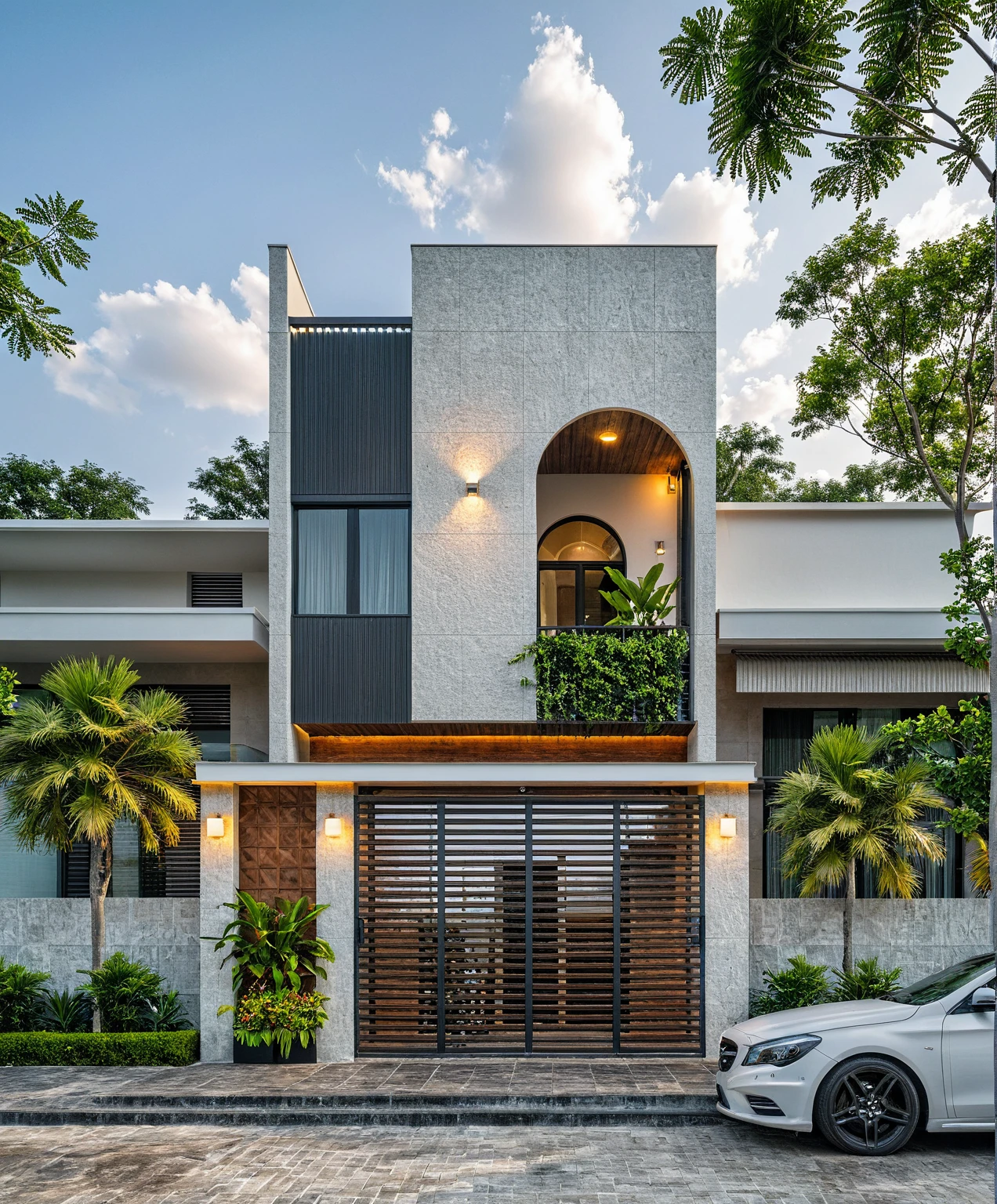 Masterpiece, high quality, best quality, authentic, super detailed, outdoor, aiaigroup, modern 2-storey townhouse style, stairs, white wall combined with wood, wind encaustic tiles, iron gate, ceiling conwood, flowers, path, summer evening, grass, trees, sky, clouds, (daylight: 1.1)