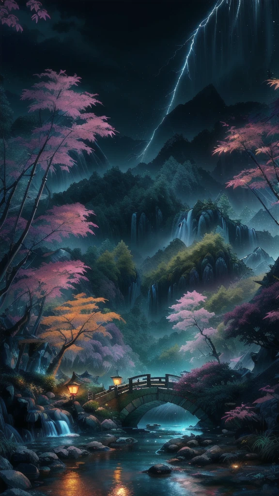 ((diffuse colors)) Ancient Chinese architecture, cool colors, dark night, moon, garden, bamboo, lake, stone bridge, rockery, arch, corner, tree, running water, landscape, outdoor, waterfall, grass, rock, intense rainfall, thunderstorm, vines all around, giant and wet trees, with glowing leaves in the trees, glowing fireflies and glowing particle effects, masterpiece, best quality, high quality, extremely detailed CG unity 8k wallpaper, oil paiting, award winning photography, Bokeh, Depth of Field, HDR, bloom, ,Photorealistic,extremely detailed, trending on artstation, trending on CGsociety, Intricate, High Detail, dramatic, art by midjourney, volumetric lighting