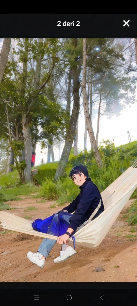 Ultra-high image quality, delicate facial expressions, 8K, stars in the eyes, elementary school boy, short blue hair, cool boy, hoodie and denim pants, full body, smiling face, fun atmosphere, starry sky at night, aurora