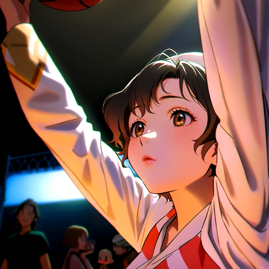 Arabian asian woman in red and black uniform holding basketball, Tadashi Nakayama, chiho ashima, Yoshitomo Nara, Shot with the Nikon Z9, mao hamaguchi, It&#39;s bittersweet,cute