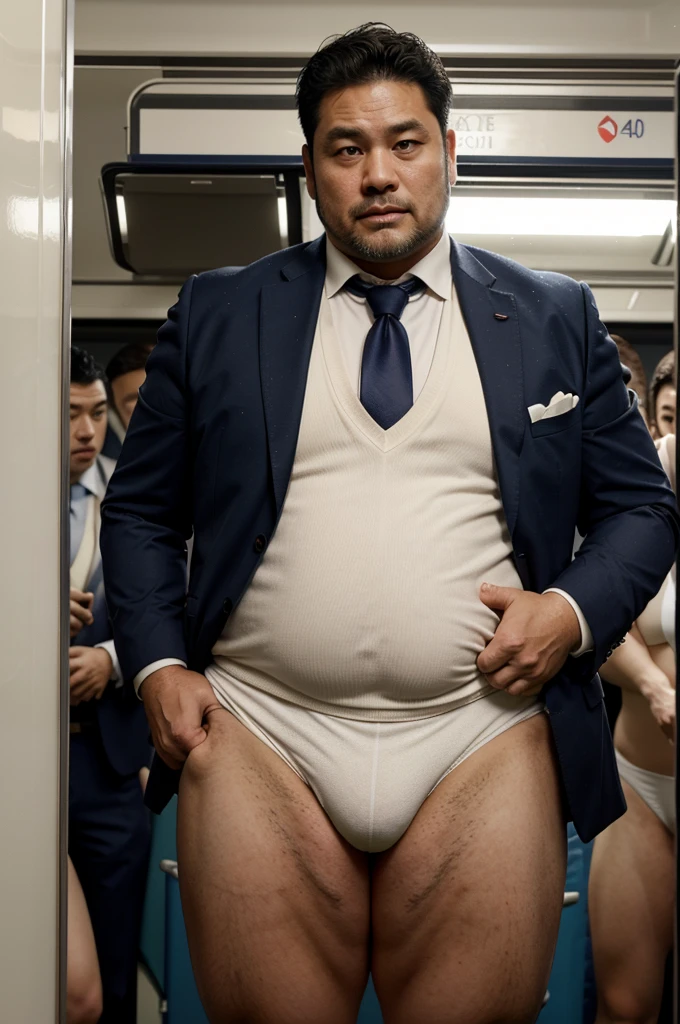 A chubby Japanese male in a business gray suit, He has his penis exposed, 20 years old, He is kneeling down in front of a Construction Worker man, A chubby Japanese male is giving a blowjob to the Construction Worker man:2, He has his mouth open, erotic humiliation, He is looking at viewer, round face:2, droopy eyes, thick thighs, In a dark subway station at night, Super detail, ejaculating semen, 