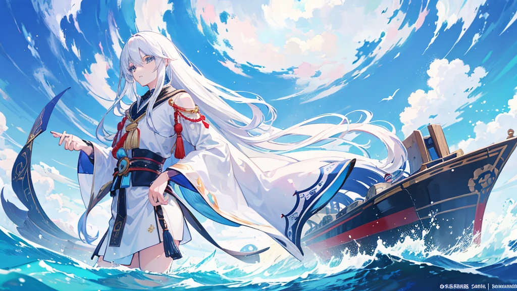 一peopleで, Handsome man, 1people, 1:4 masterpieces, Anime character with long white hair and blue eyes runs through Ocean City, 《The original god》Ketchin&#39;, Handsome man with demon-slaying skills, 《The original god》Zhongli, Zhongli, White-haired God, Tall anime character with blue eyes, Genshin characters, onmyoji portrait, Kashmir Art, Beautiful androgynous prince, Haise Jinyao,Black and blue shirt, Black suit,White coat, Sports Late, people々Small blue seahorses around, Focus Viewer, water, Sports Late, waterの力を解き放つ, Laughing, Playing with Water Dragons, Do not tie your hair, Cruel face