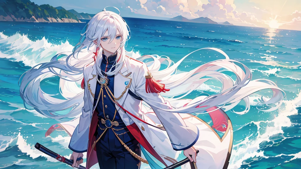 一peopleで, Handsome man, 1people, 1:4 masterpieces, Anime character with long white hair and blue eyes runs through Ocean City, 《The original god》Ketchin', Handsome man with demon-slaying skills, 《The original god》Zhongli, Zhongli, White-haired God, Tall anime character with blue eyes, Genshin characters, onmyoji portrait, Kashmir Art, Beautiful androgynous prince, Haise Jinyao,Black and blue shirt, Black suit,White coat, Sports Late, people々Small blue seahorses around, Focus Viewer, water, Sports Late, waterの力を解き放つ, Laughing, Playing with Water Dragons, Do not tie your hair, Cruel face
