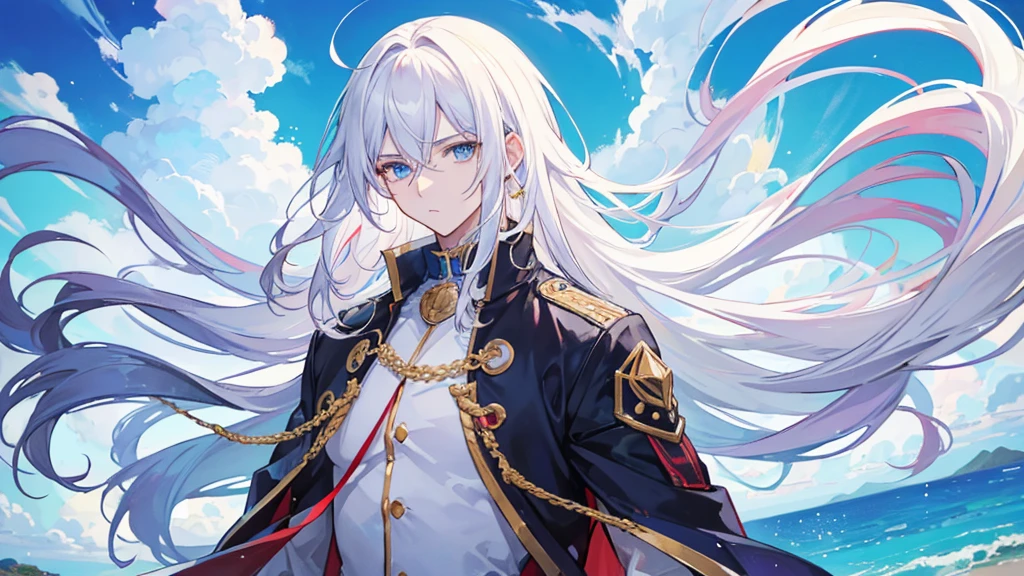一peopleで, Handsome man, 1people, 1:4 masterpieces, Anime character with long white hair and blue eyes runs through Ocean City, 《The original god》Ketchin', Handsome man with demon-slaying skills, 《The original god》Zhongli, Zhongli, White-haired God, Tall anime character with blue eyes, Genshin characters, onmyoji portrait, Kashmir Art, Beautiful androgynous prince, Haise Jinyao,Black and blue shirt, Black suit,White coat, Sports Late, people々Small blue seahorses around, Focus Viewer, water, Sports Late, waterの力を解き放つ, Laughing, Playing with Water Dragons, Do not tie your hair, Cruel face