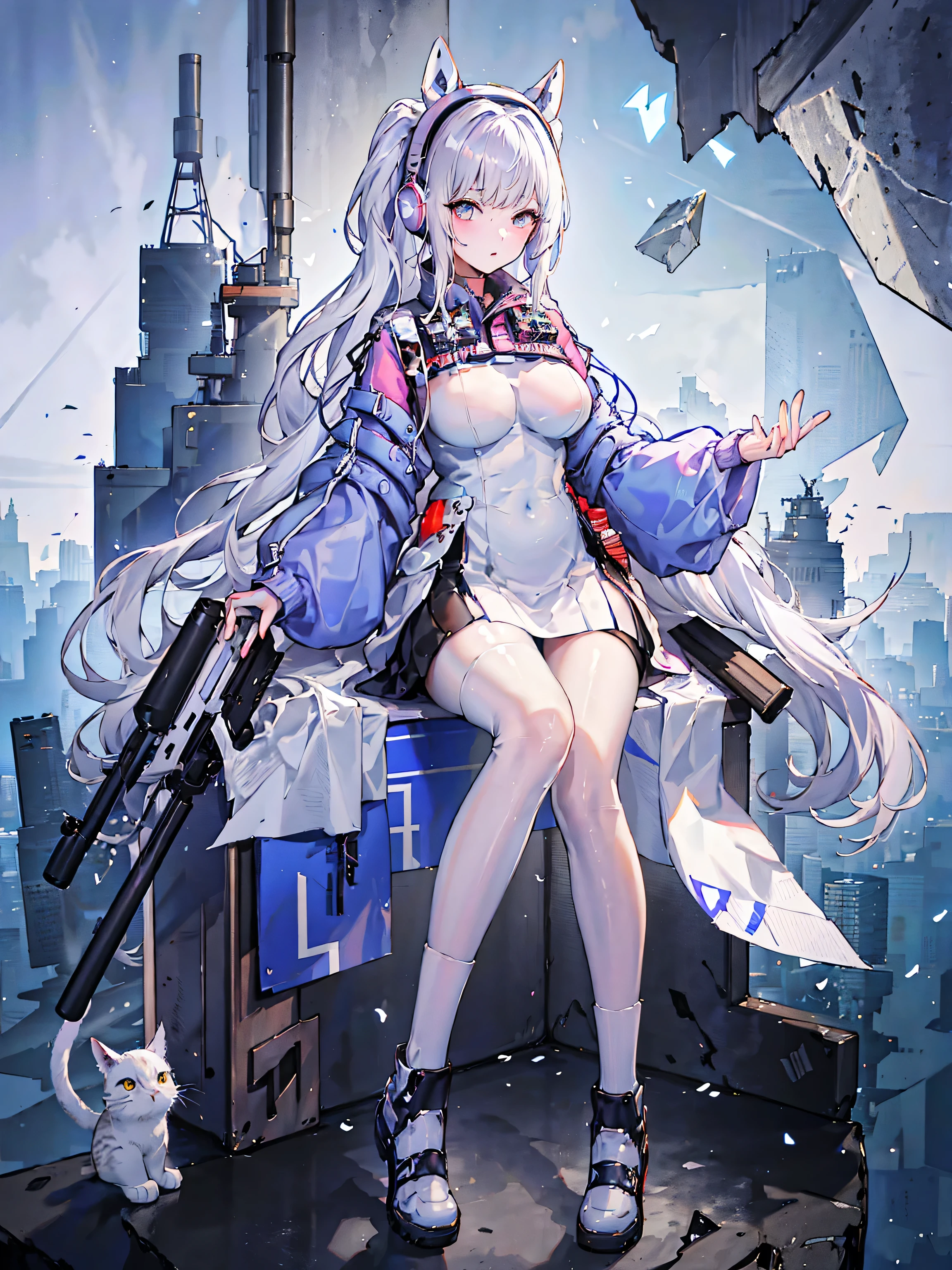 An anime character wearing white and blue clothes and accompanied by a black cat, Azur Lane Style, Live2D Virtual Youtuber Model, from Arknights, From the Azur Lane video game, Azur Lane Characters, Girls Frontline Style, From Girls Frontline, White Cyan, Moon themed costume, White cat lady, Arknights, Ayaka Genshin Impact, Girls Frontline Universe, whole body, 1 person, Cat ears headband