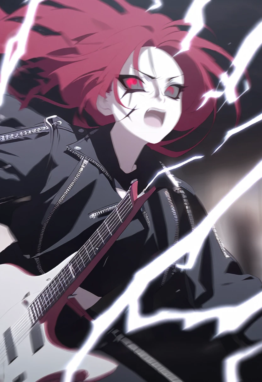 Black Metal girl, pale face, Black Metal make up, corpse paint face, red hair shoulder length, leather jacket, riding on a guitar in sky, electricity effects around her,  movement blur