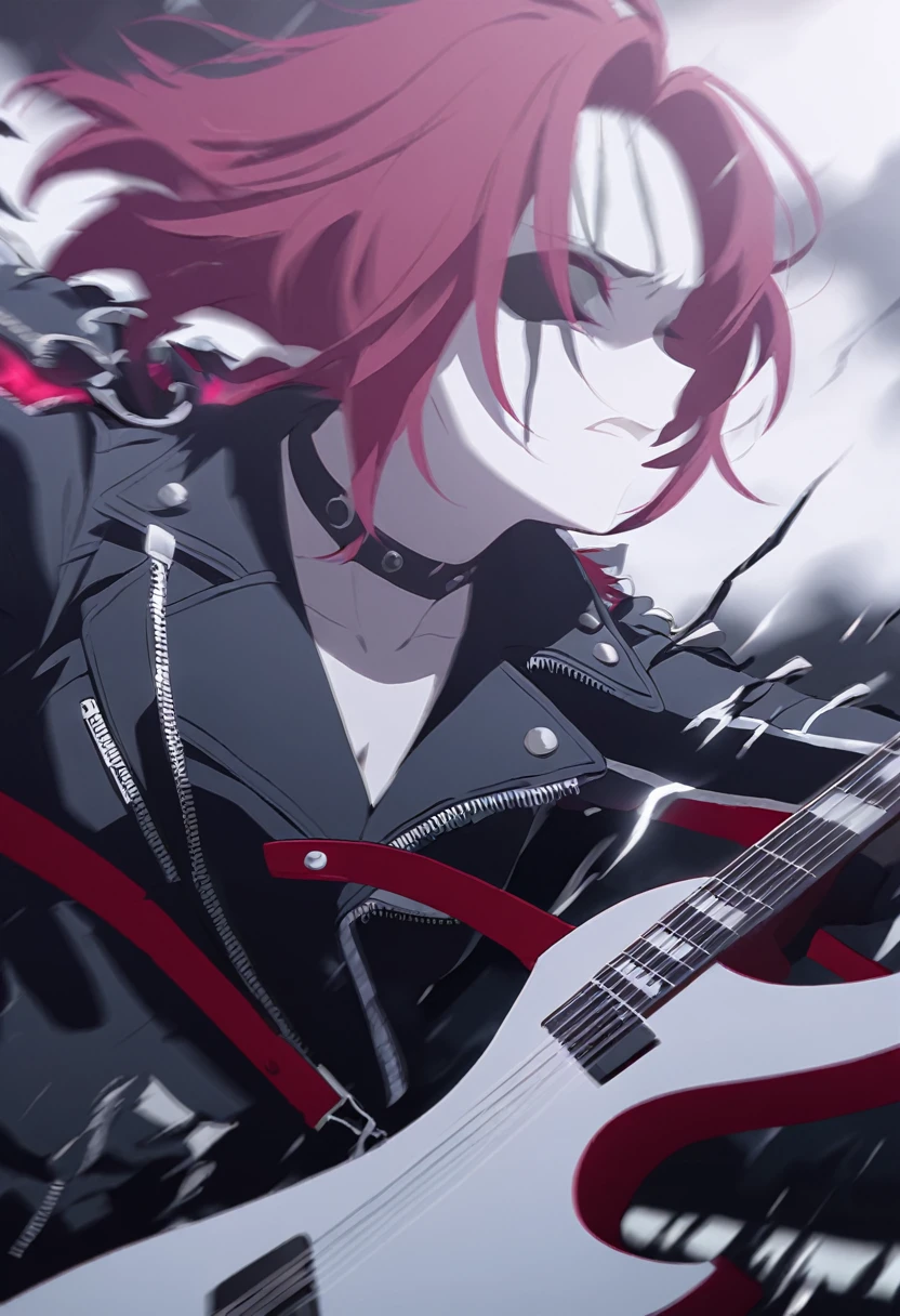 Black Metal girl, pale face, Black Metal make up, corpse paint face, red hair shoulder length, leather jacket, riding on a guitar in sky, electricity effects around her, movement blur