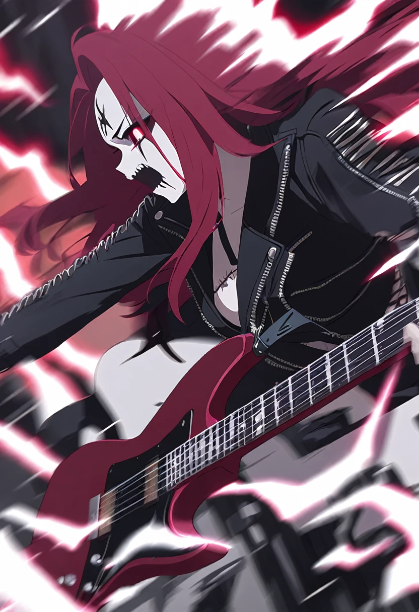 Black Metal girl, pale face, Black Metal make up, corpse paint face, red hair shoulder length, leather jacket, riding on a guitar in sky, electricity effects around her,  movement blur