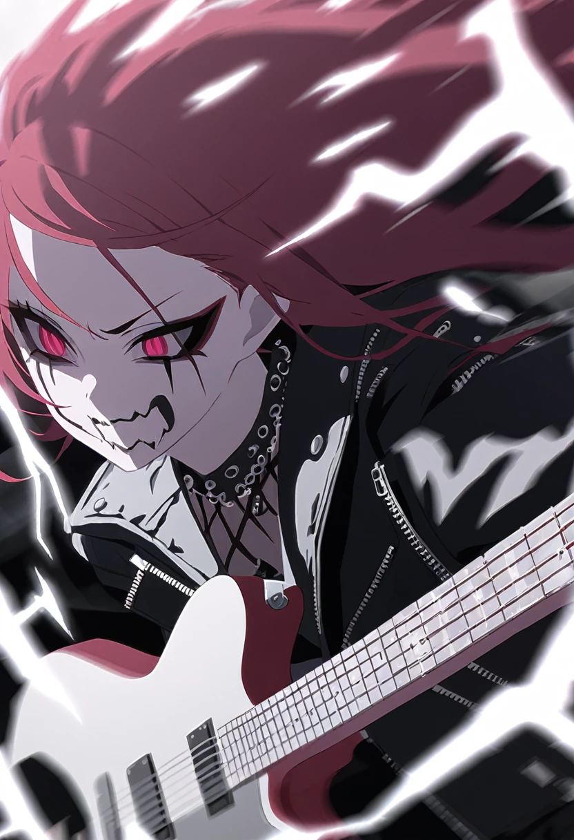 Black Metal girl, pale face, Black Metal make up, ?????? paint face, red hair shoulder length, leather jacket, riding on a guitar in sky, electricity effects around her,  movement blur