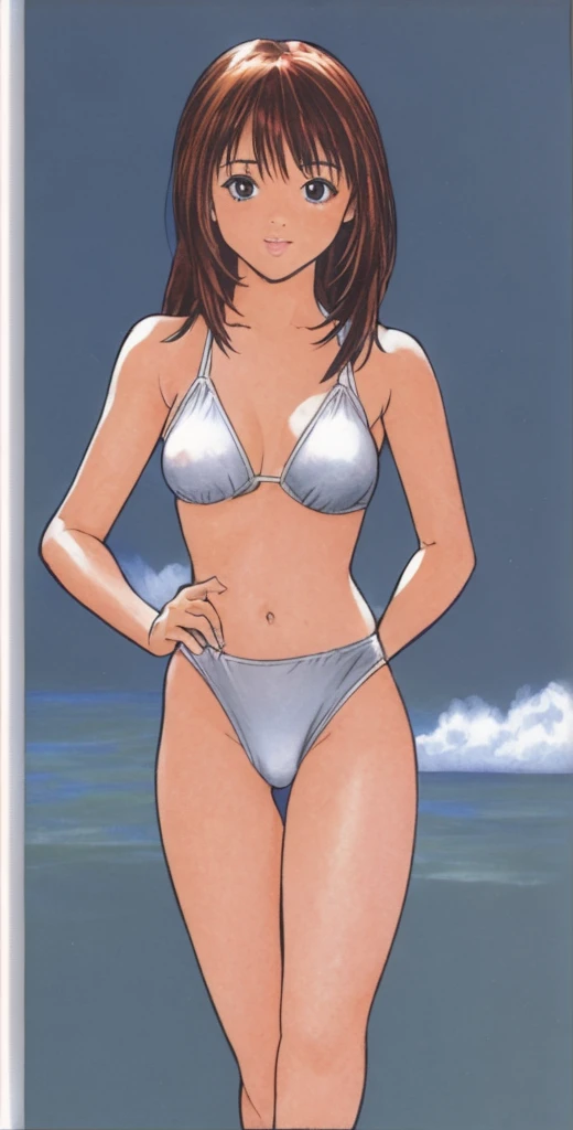 Iori is standing in a bikini, blushing, legs spread to the sides, hands on hips, mouth open。