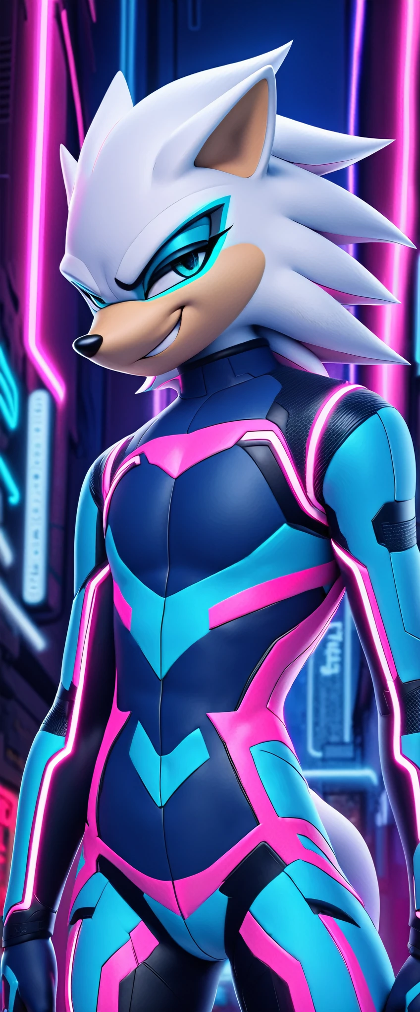 (((masterpiece:1.5, 4K, 8K))), a (((full body))) high quality digitally drawn rendered image ((by SEGA)) of A solo, slim male anthro ((silver—white hedgehog)), with glowing blue eyes, ((metallic blue eyeliner:1.5)), (((tan muzzle))), wearing a (((sci-fi bodysuit))) stands in a neon-lit cyberpunk city The android's bodysuit is adorned with (((bright teal coloring:1.5))) with (((neon pink accents:1.4))), and intricate android seams, creating a futuristic look. the android has a seductive smirk on his face