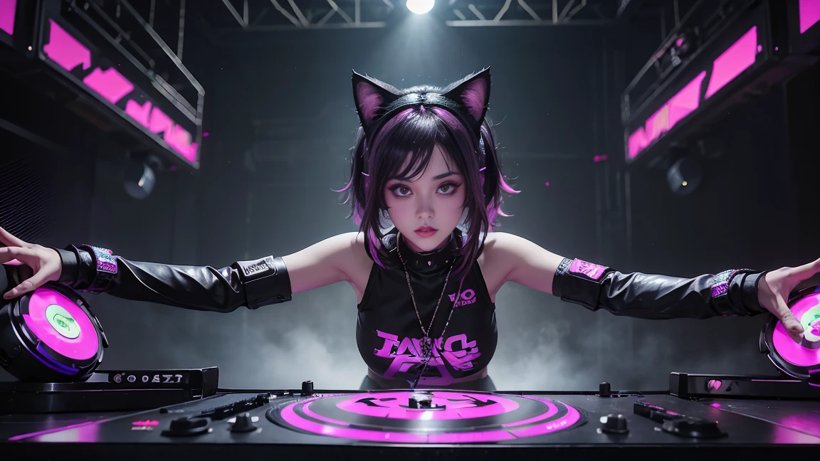 arafed woman in a black top and pink shorts playing a game of dj, cyber punk setting, raver girl, rave girl, girl with cat ears at a rave, dj rave party, dj at a , nightclub dancing inspired, playing techno house music, turntablism dj scratching, cyberpunk 2 0 y. o model girl, rave outfit, fanart