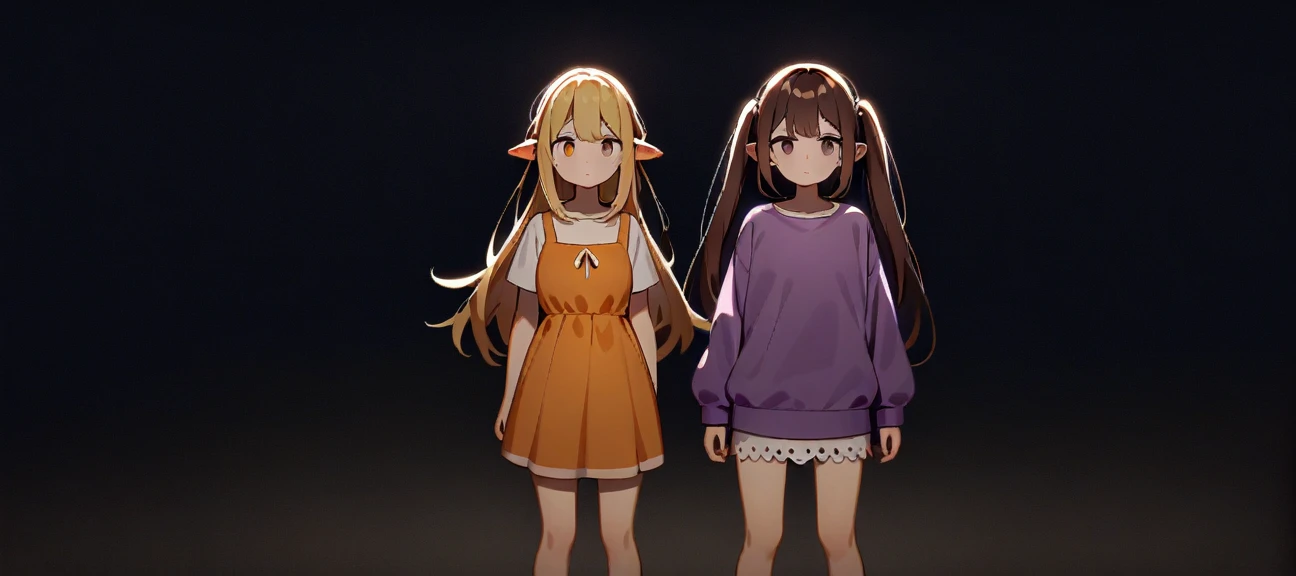 girl, Brown hair, two ponytails in hair, human ears, Brown eyes, White T-shirt, orange sundress, Black Belt, Short skirt, white lace at the end of the skirt, White background, full height, 2girl, blonde hair, Dark eyes, long hair, loose hair, purple sweatshirt, In the dark, fear,