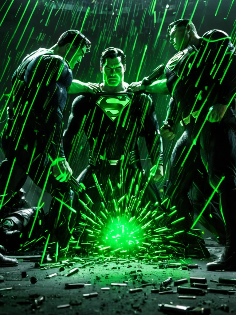 Superman's defeat. Green-glowing bullets penetrate his body, causing Superman to collapse on his buttocks due to the damage. Men dressed in black approach him with guns in their hands, stunned at the sight of the bullets penetrating his body.
