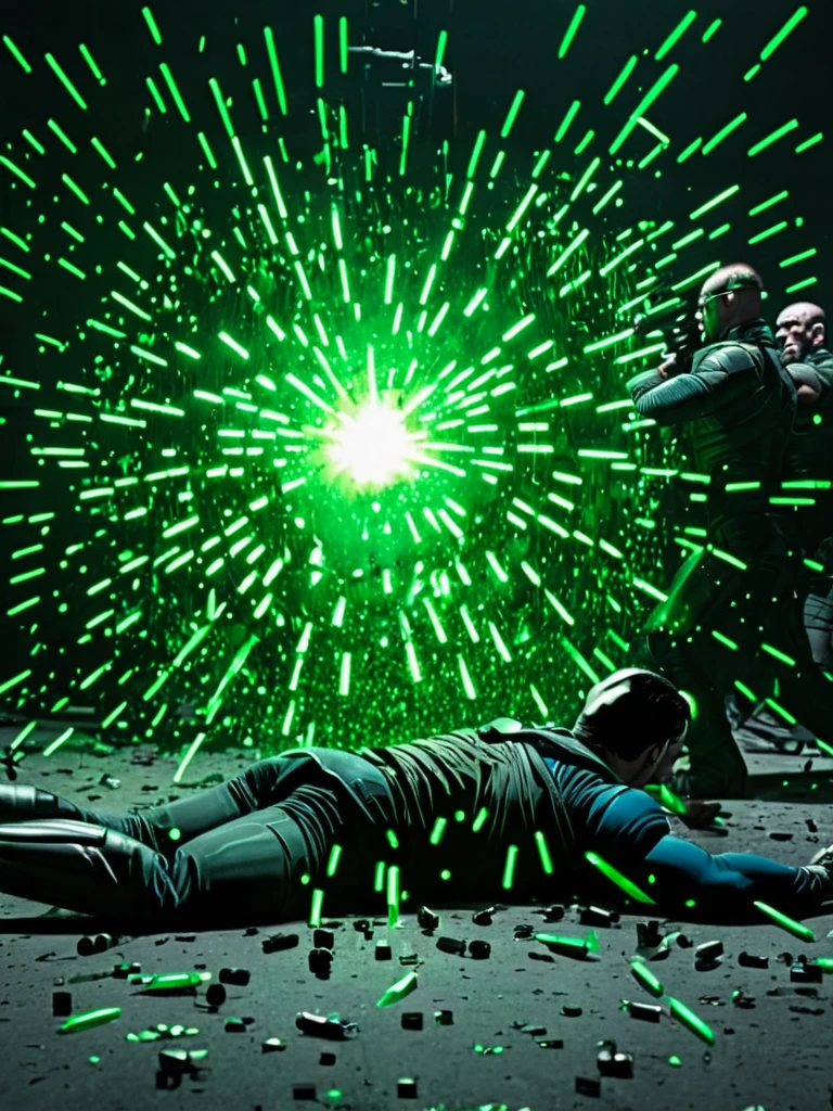 Superman's defeat. Green-glowing bullets penetrate his body, causing Superman to collapse on his buttocks due to the damage. Men dressed in black approach him with guns in their hands, stunned at the sight of the bullets penetrating his body.