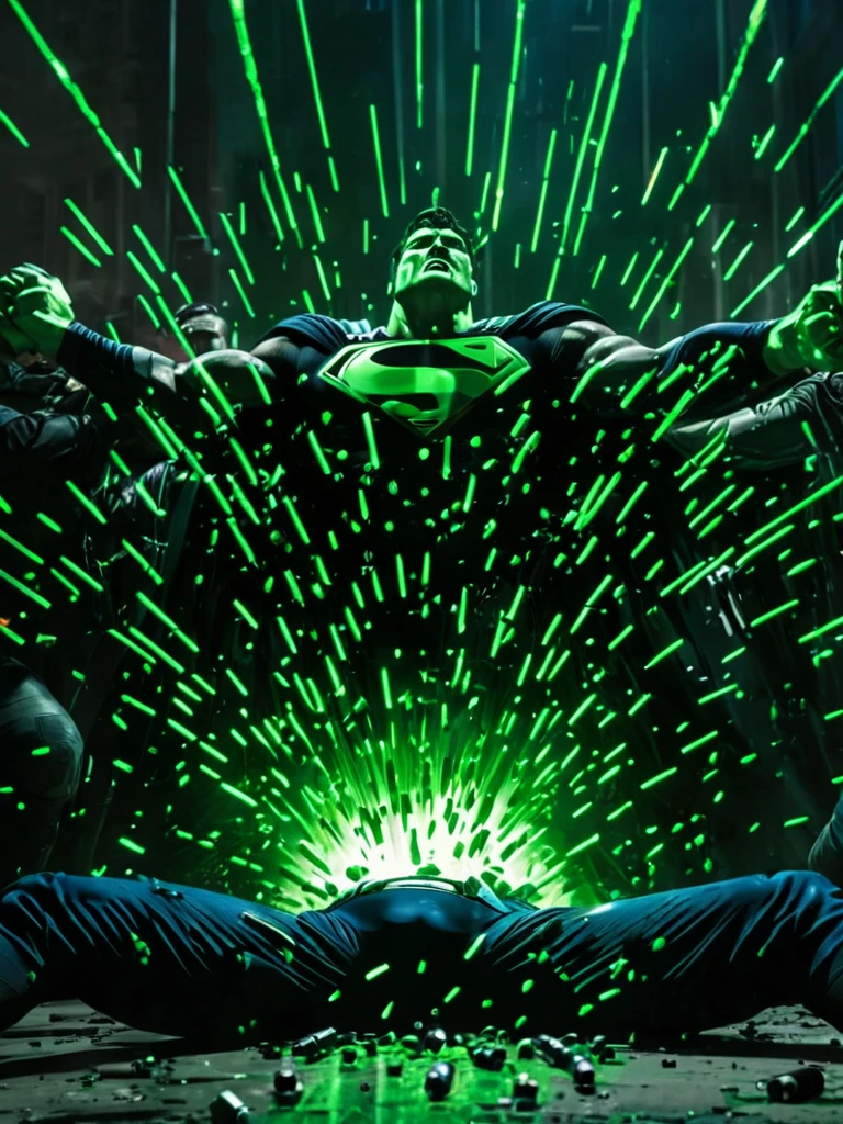 Superman's defeat. Green-glowing bullets penetrate his body, causing Superman to collapse on his buttocks due to the damage. Men dressed in black approach him with guns in their hands, stunned at the sight of the bullets penetrating his body.