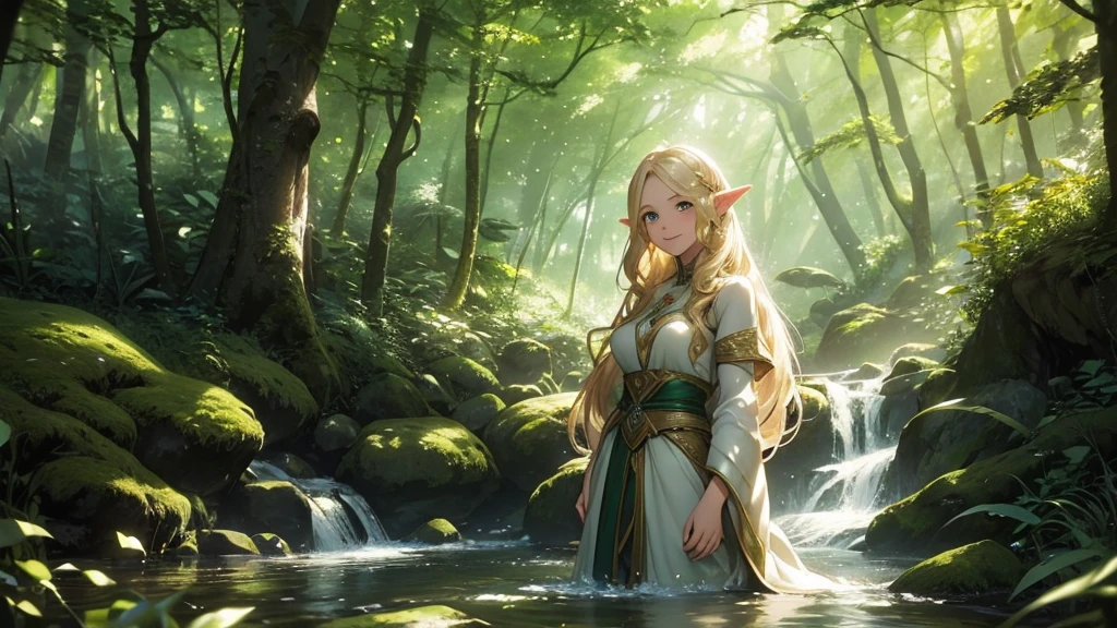 Top quality, masterpiece, 1 person, elven female, blonde, long hair, emerald gemstone eyes, Gwaiz style, beautiful dappled sunlight filtering through the trees, tranquil forest scene, cute, splashing around in a stream running through the forest, older sister, 25 years old, smiling