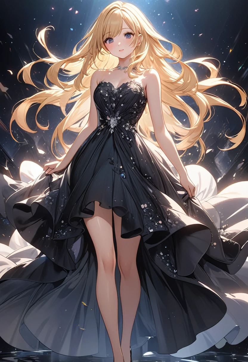 Vector graphic design of cute pretty girl with long blonde hair and perfect anatomy. Her exquisite, gorgeous and charming black evening dress, Ethereal and dreamy.,mitigate,High resolution details,best quality,
Master of ultra-detailed animation art and visual effects's works art station, Conceptual artwork anatomy correct detailed sharp focus illustration, artwork