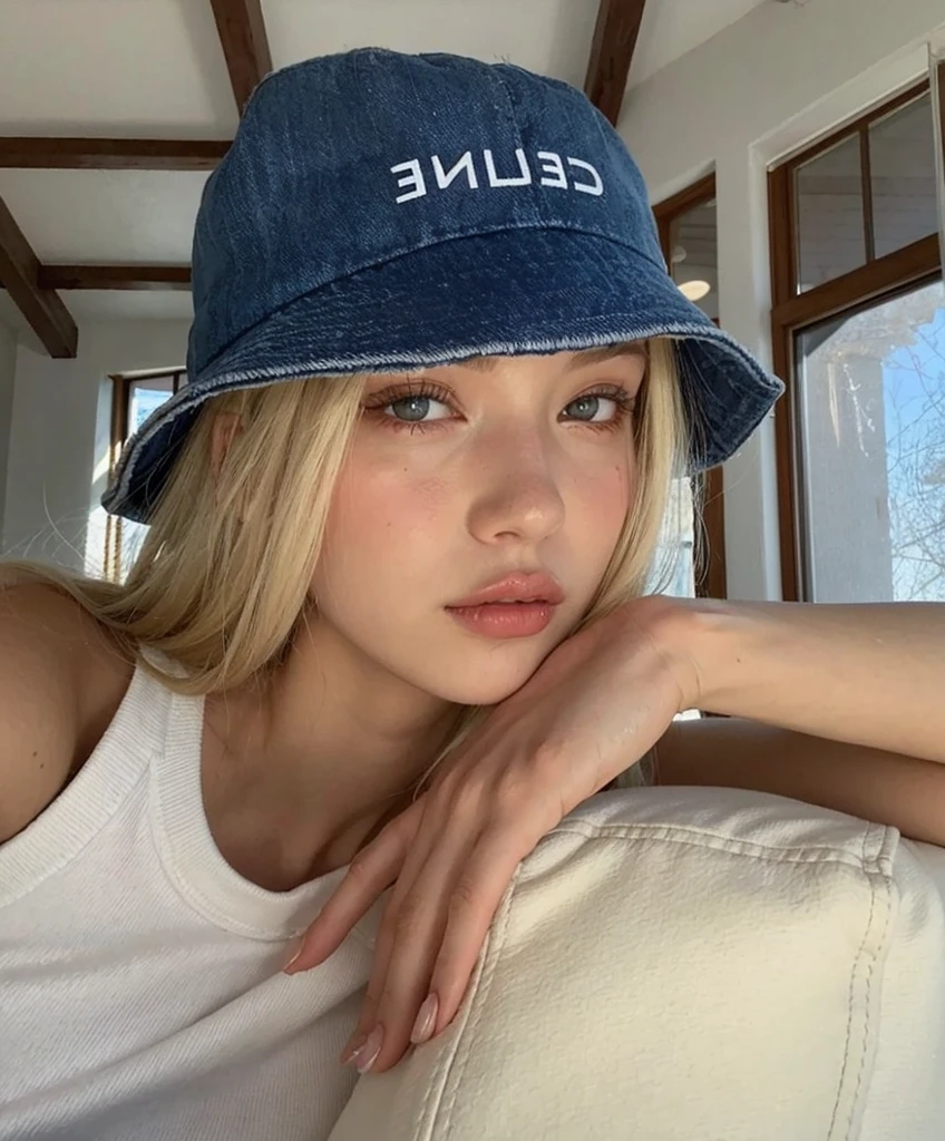 arafa blonde woman wearing a denim hat and white blouse, face like exposed ester, Retrato de Sophie Mudd, Yelena Belova, estilo de julia razumova, bucket hat, Victoria Gavrilenko, modelo do instagram, Yulia Gorokhova, rosto perfeito ), ellie victoria gale, with black hat, martina fackova, jennie blackpink. lisa blackpink