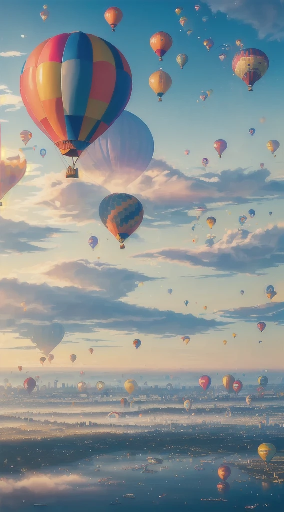 ((🎈 City in the Sky composed of hot air balloons)), artwork-quality quality, particle rendering, ({vivid} high saturation), ({floating} suspended), ({water} water surface) scenes, under ({🌈 ☀️ 🔮 sunlight} sunlight), (🌊 🌫️{fog} fog) surrounded by extremely distant perspectives. --v6
