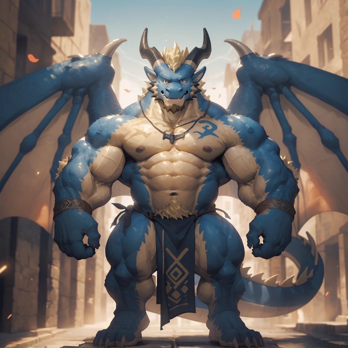 masterpiece,best quality,8k resolution,Very detailed,hairy,((sweat))((Red Dragon Man)),muscle,(((blond))),Strong,超大muscle,((With a pair of blue horns)), ((Golden Eyes)),portrait,((Shirtless)),((Highest quality backgrounds)),((solitary)),(((red wings))),(((Loincloth))),(((Crotch bulge))),(((ancient times))),(((Bustling streets))),(((Brightly lit)))