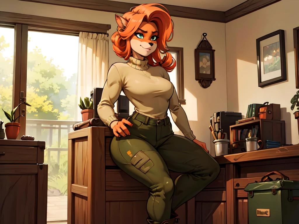 (best quality,4k,8k,highres,masterpiece:1.2),ultra-detailed,realistic:1.37,portrait,anthro bandicoot girl redhead, braided hair, beautiful green eyes, relaxing moment, sexy ,seductive, warm sweater, camouflage pants, army boots, smirking, cozy lighting, vibrant colors , girl anthro , sweater, camouflage pants, army boots, hands to pants 