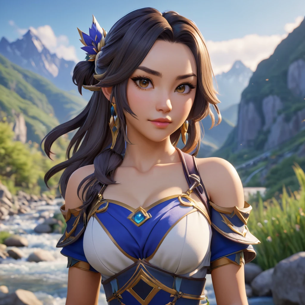 1 girl, pretty face, Mona from Genshin Impact, realistic skin, perfect anatomy, full body, mountains with high peaks in the background with a river in the valley, cinematic lighting, UHD, masterpiece, anatomically correct, high details, high quality, award winning, best quality, 4K,