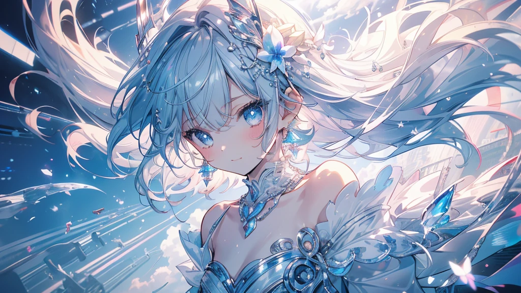 masterpiece, Great illustrations, Sax Blue, Platinum Earrings, Platinum Necklace, White Dress, One girl, cute, (Dynamic Light: 1.2), Cinematic Light, Delicate facial features, Fine grain, Sharp pupils, Realistic students, Depth of written boundary, Background blur, Clear focus, (Super detailed, Hello, shine: 1.4), Lots of little gems, 8K, masterpiece, Highest quality, Movie stills, One girl, Floating in the sky, Interlaced cloud, cloud, (close: 1.1), bright, Happy, interesting, Soft lighting, (Bauhaus, shape, line, Abstraction: 1.1) Official Art, ユニティ 8K 壁紙, Super detailed, Beautiful and beautiful, masterpiece, Highest quality, (Dynamic Angle: 1.4), ロマンチック Depth of written boundary エキゾチック_dance, Perfect NwsjMajic, (masterpiece, Highest quality, Highest quality, Official Art, Beauty and aesthetics: 1.2), Attention to detail, colorful, The finest details,