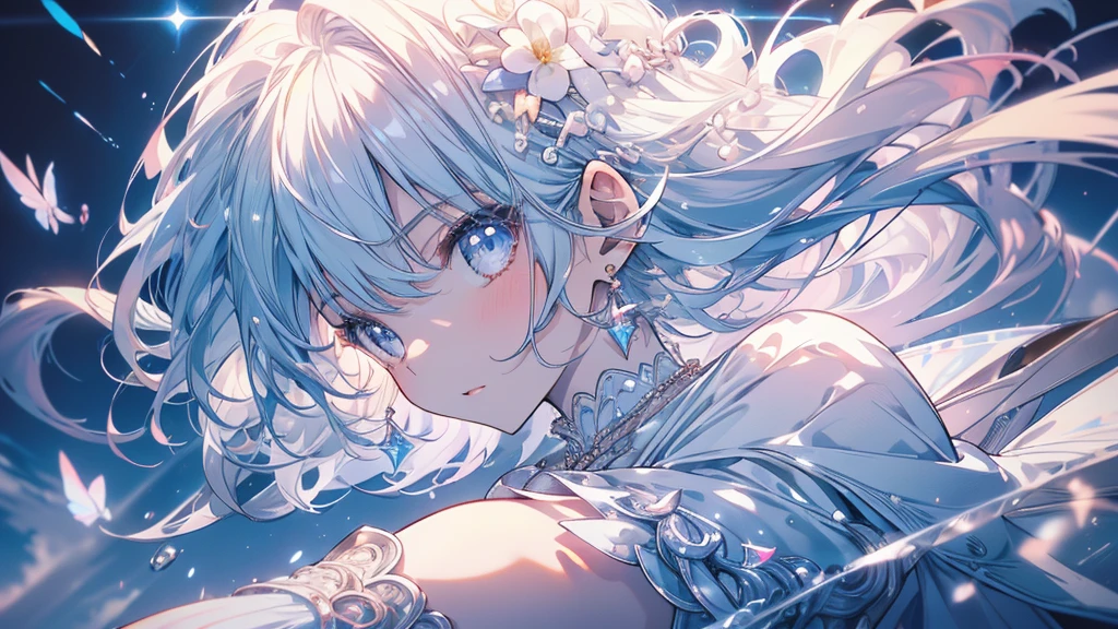 masterpiece, Great illustrations, Sax Blue, Platinum Earrings, Platinum Necklace, White Dress, One girl, cute, (Dynamic Light: 1.2), Cinematic Light, Delicate facial features, Fine grain, Sharp pupils, Realistic students, Depth of written boundary, Background blur, Clear focus, (Super detailed, Hello, shine: 1.4), Lots of little gems, 8K, masterpiece, Highest quality, Movie stills, One girl, Floating in the sky, Interlaced cloud, cloud, (close: 1.1), bright, Happy, interesting, Soft lighting, (Bauhaus, shape, line, Abstraction: 1.1) Official Art, ユニティ 8K 壁紙, Super detailed, Beautiful and beautiful, masterpiece, Highest quality, (Dynamic Angle: 1.4), ロマンチック Depth of written boundary エキゾチック_dance, Perfect NwsjMajic, (masterpiece, Highest quality, Highest quality, Official Art, Beauty and aesthetics: 1.2), Attention to detail, colorful, The finest details,