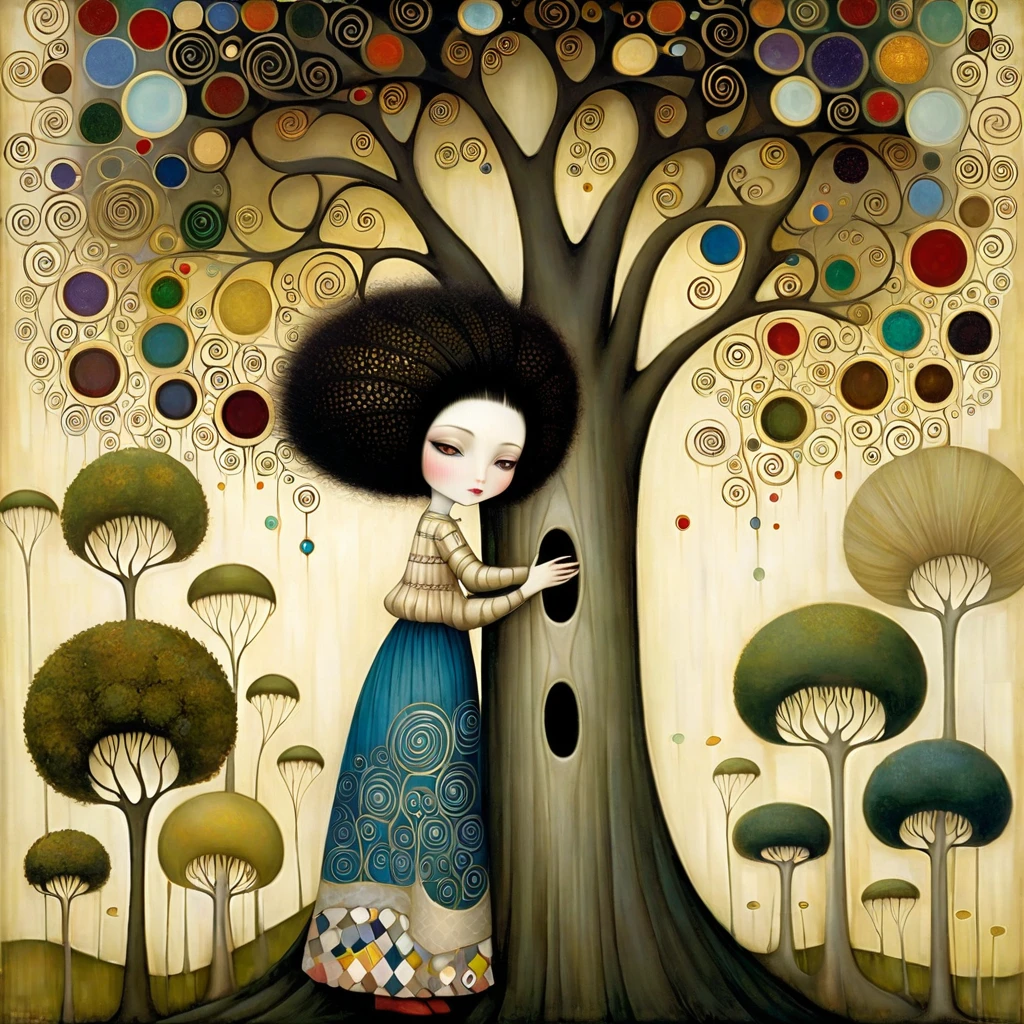 Patchwork by Klimt, Nicoletta Ceccoli, Naoto Hattori, Lawrence Didier, Leonora Carrington of European Woman with short black hair and a long, wide skirt, hugs a tree