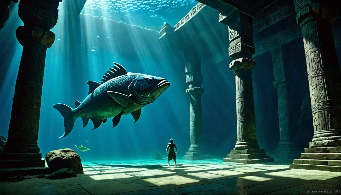 On one side, the underwater scene with a massive, ancient fish (reminiscent of the creature that swallowed Jonah) swimming through dark, mysterious waters. On the other side, the interior of an ancient temple with a shadowy figure of Dagon looming.