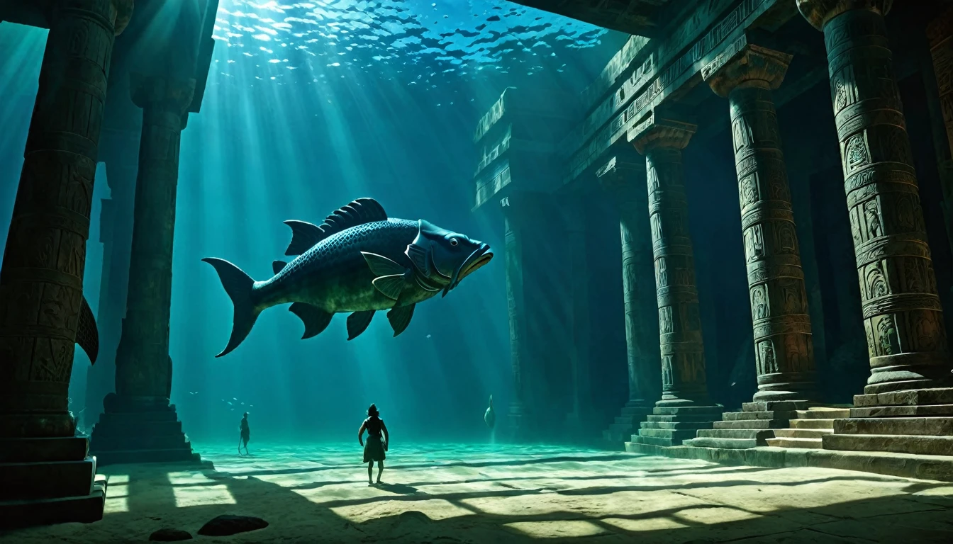 On one side, the underwater scene with a massive, ancient fish (reminiscent of the creature that swallowed Jonah) swimming through dark, mysterious waters. On the other side, the interior of an ancient temple with a shadowy figure of Dagon looming.