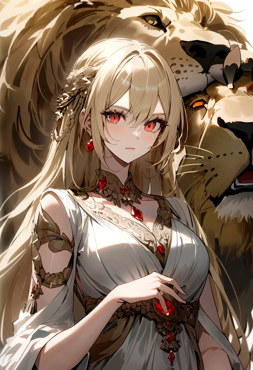 （Huang Li、high quality、Extremely detailed），Constellation - Goddess Leo，Giant lion，Woman petting a lion，Similar to Latin goodness，brave，capricious，Productivity，The face of enterprising and humanitarianism，Blonde Hair，Ancient Greek costumes、Wrap Dress，The background is the universe，Crystal red eyes（Eyes Details），Powerful appearance