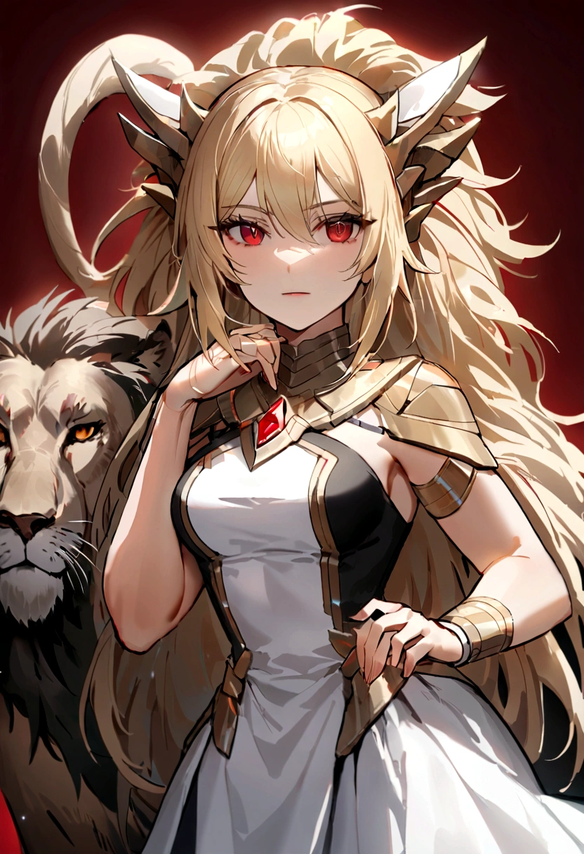 （Huang Li、high quality、Extremely detailed），Constellation - Goddess Leo，Giant lion，Woman petting a lion，Similar to Latin goodness，brave，capricious，Productivity，The face of enterprising and humanitarianism，Blonde hair，Ancient Greek costumes、Wrap Dress，The background is the ocean，Crystal red eyes（Eyes Details），Powerful appearance