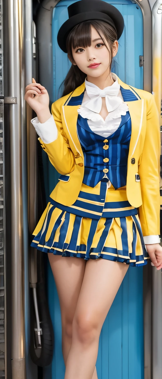 Tall and cute idol girl、whole body、Good style、、、、、、、、、、Tanned thick legs、、Yellow and blue steampunk striped suit、、Neat and clean idol face、Underground laboratory、
