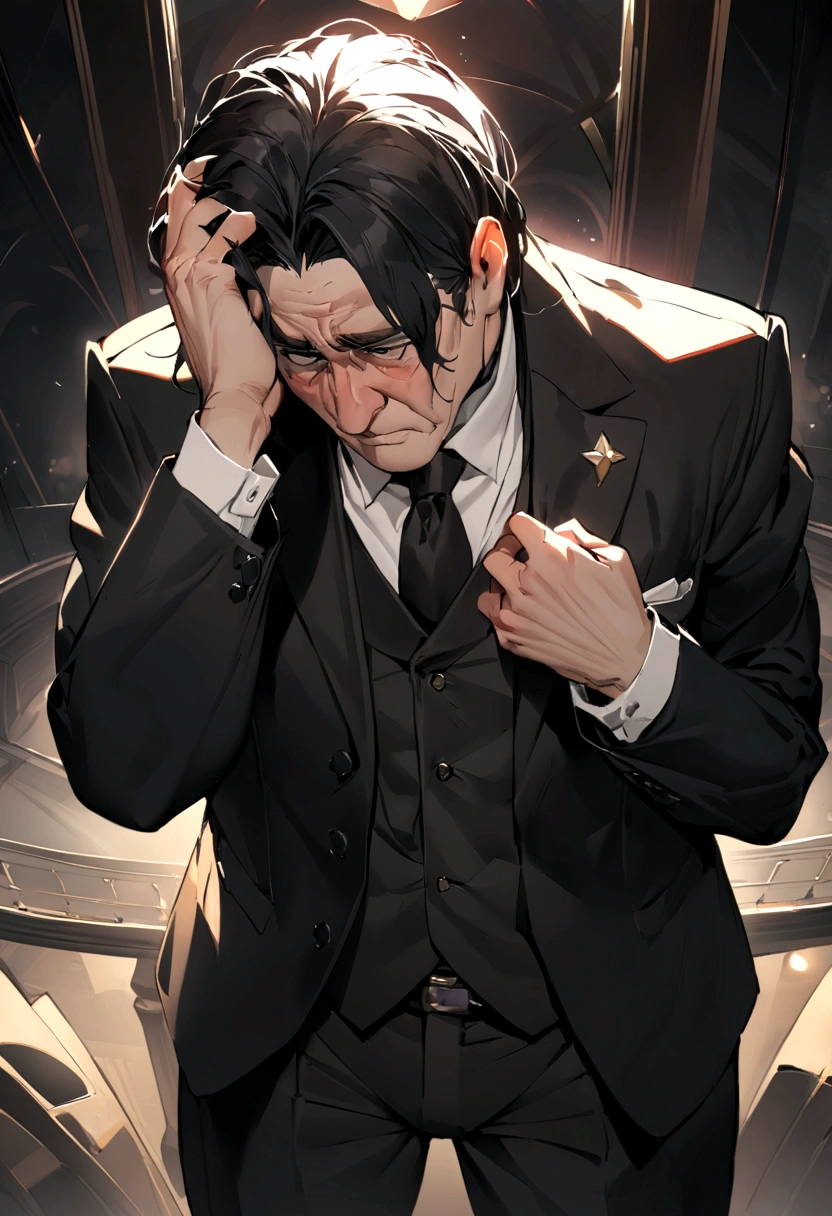 Best Quality, Masterpiece, Ultra-high resolution,Father、40 years old、In a suit、I'm worried、Holding his head